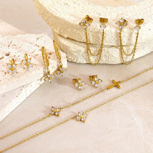 Sweet Elegant 18K Gold Plated Stainless Steel Cross Floral Necklace and Earring Set with Cubic Zirconia