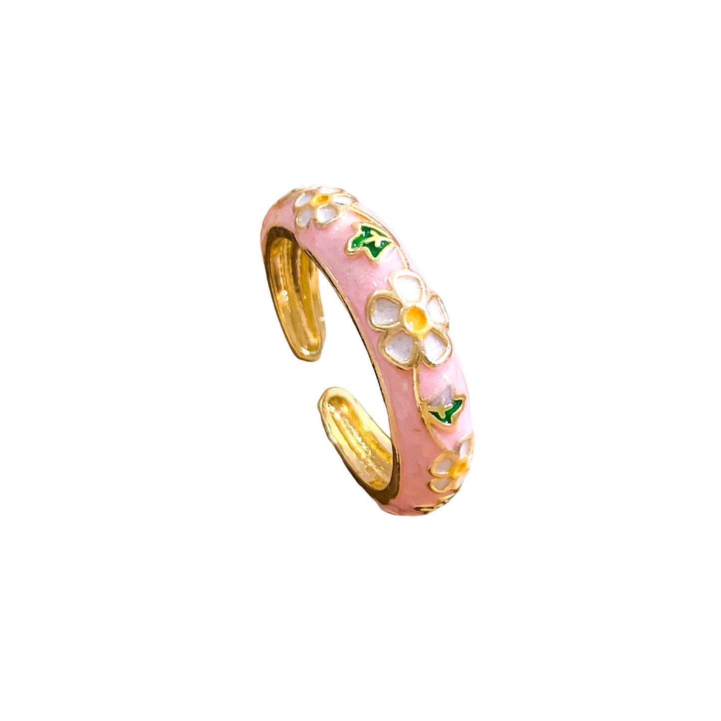 Vintage Sweet Enamel Floral Gold Plated Brass Ring for Women