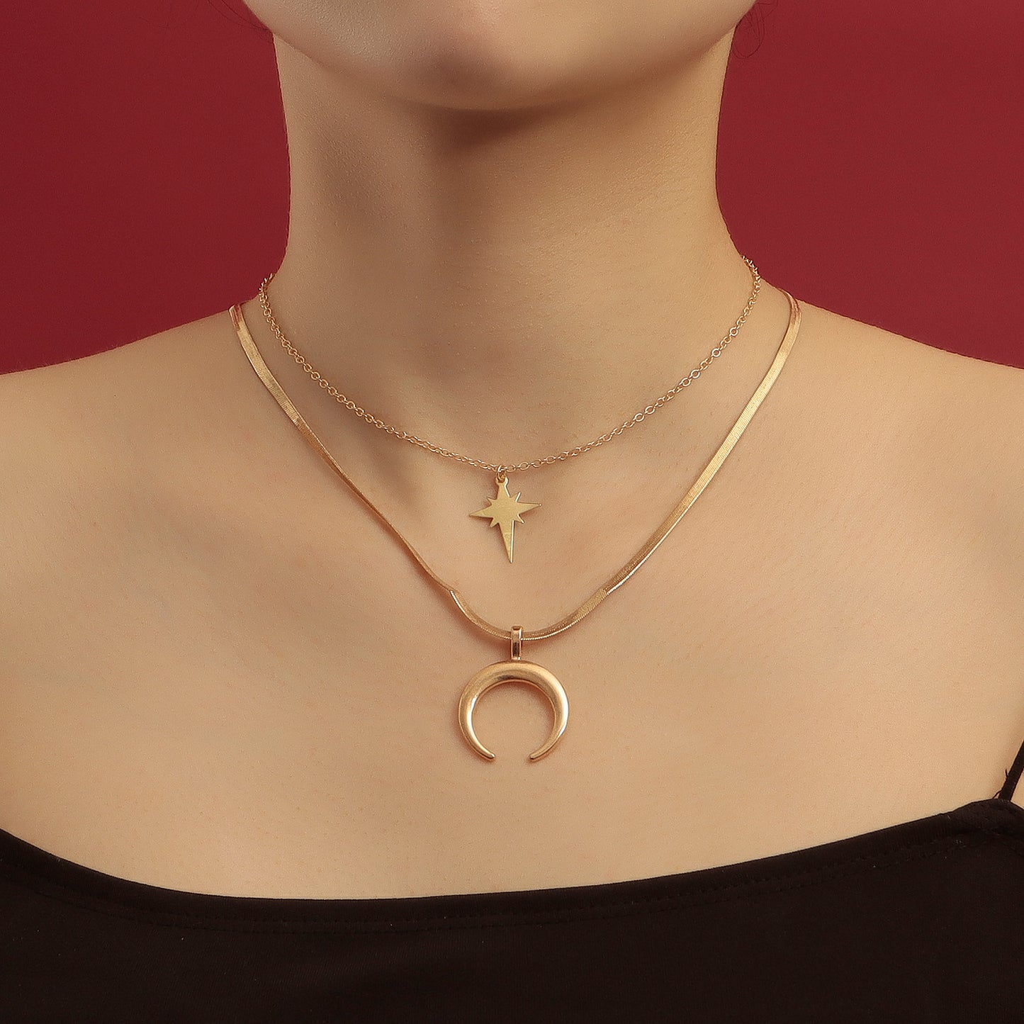 Fashionable Geometric Moon and Cross Pendant Necklace for Women with Triple-Layer Flat Snake Chain and Electroplated Alloy Finish