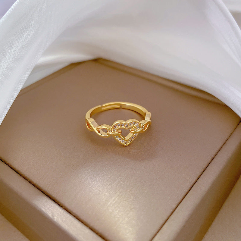 Adjustable Heart Ring with Full Rhinestone Inlay, Plated Brass, Kawaii Fresh and Sweet Style Women's Band Ring