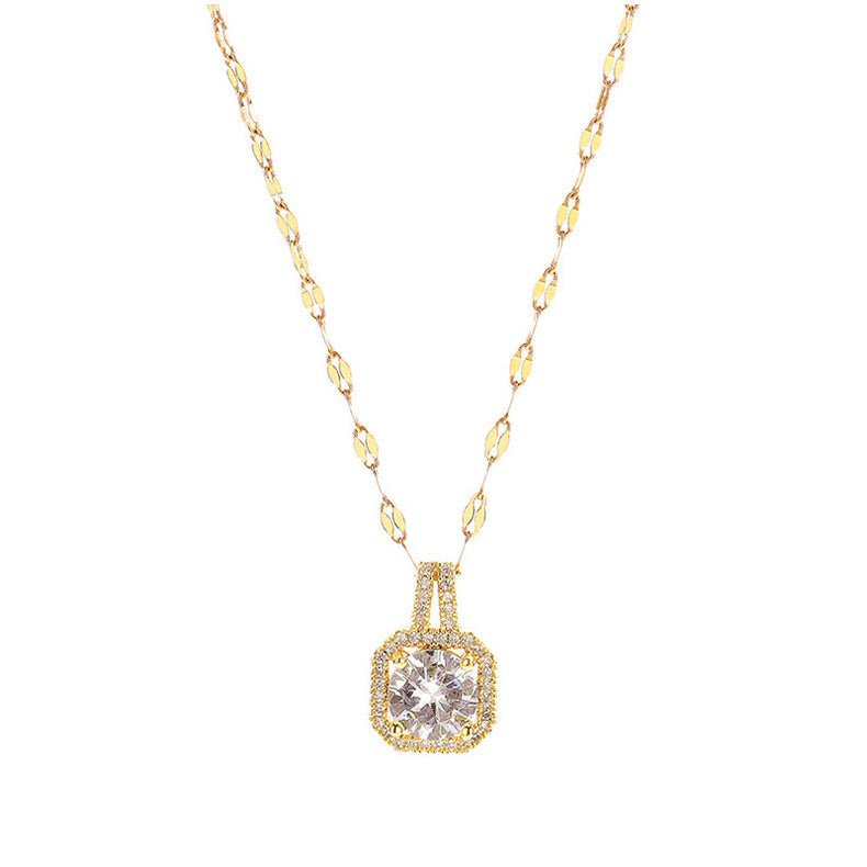 Fashion Square Pendant Necklace in Titanium Steel with Rhinestone Inlay and Gold Plating for Women