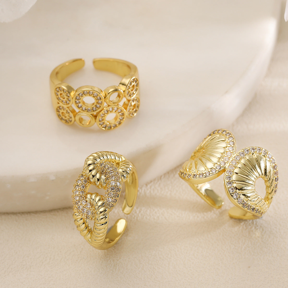 Geometric Open Ring for Women with Copper Base Plated in 18K Gold and Micro-Paved Zirconia, Fashion-Forward Minimalist Design