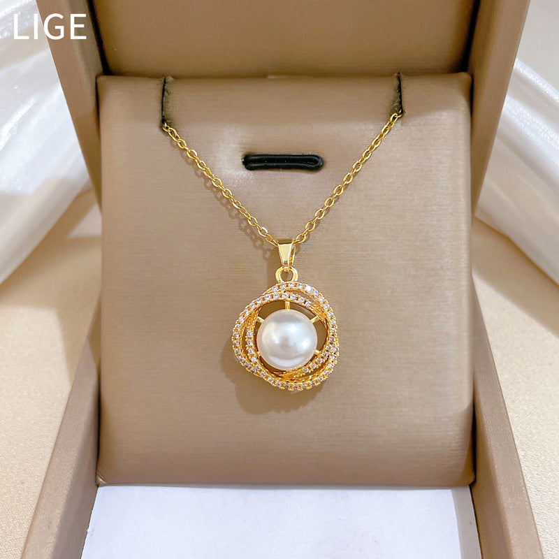 Sweet Luxury Geometric Moon Titanium Steel Necklace with Pearl and Cubic Zirconia for Unisex
