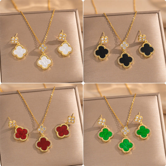 Conjunto de collar y pendientes de acero de titanio con forma de trébol de lujo con incrustaciones de oro en cadena O para mujer