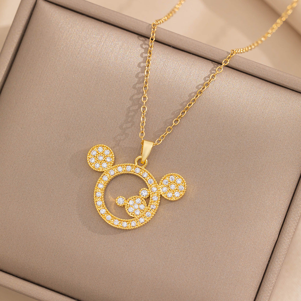 Collana girocollo minimalista da donna con ciondolo a topo in acciaio al titanio con intarsi in strass e finitura placcata su catena a O