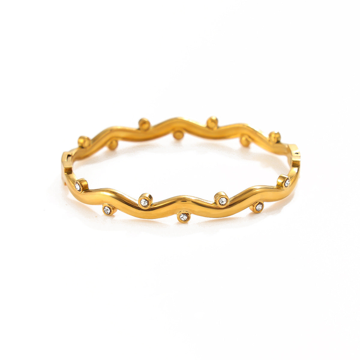 PVD Minimalist Stainless Steel Cubic Zirconia Heart Round Wave Spring Bracelet