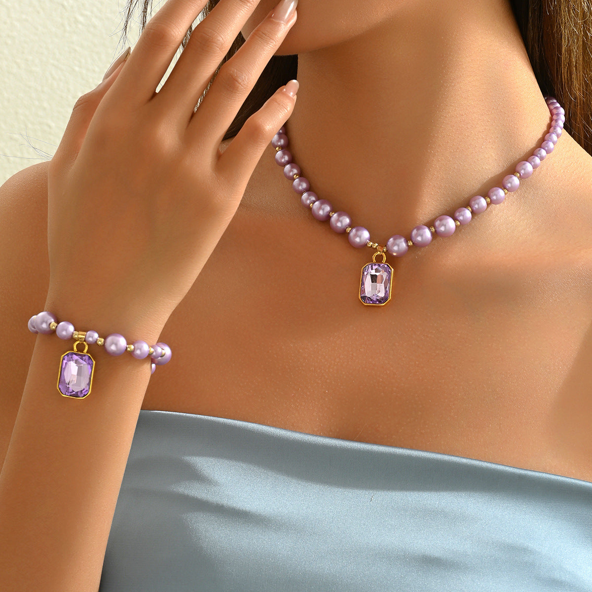 Fashionable Office Lady Geometric Pearl Pendant Clavicle Necklace Set with Mother-of-Pearl and Pearl Inlay on Pearl Chain for Women