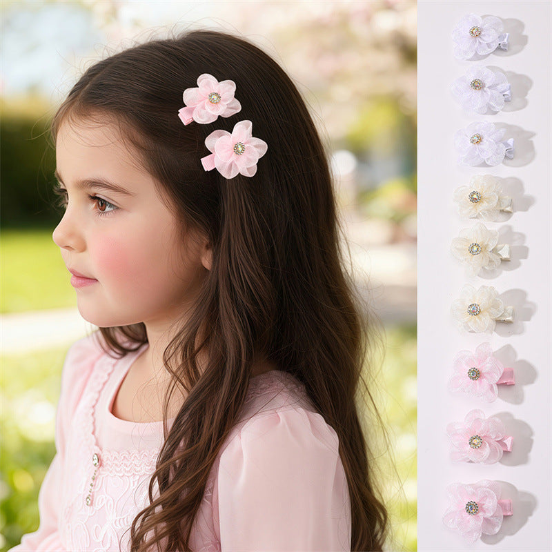 Pasador de pelo de poliéster con forma de lazo de estilo natural para niñas con detalles de volantes y malla, juego de pasadores de pico de pato