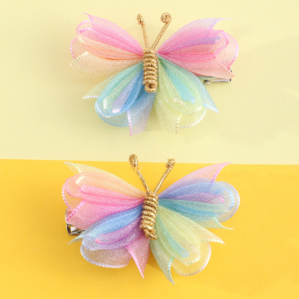 Cartoon Butterfly Hair Clip for Kids Handwoven Mesh Fabric Hairpin with Rainbow Accents