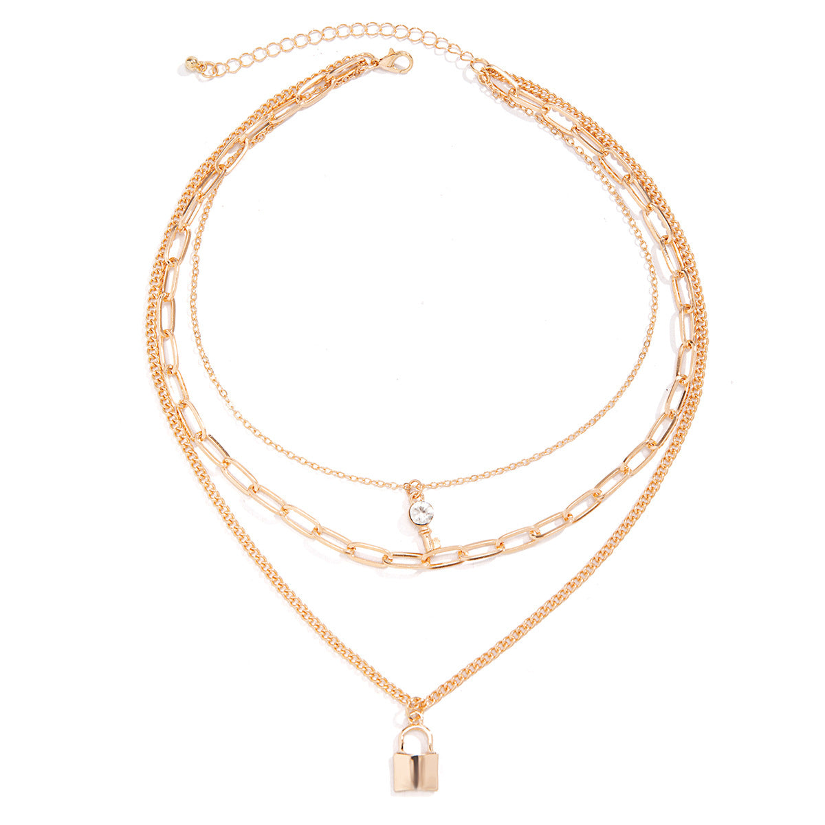 Punk Style Geometric Lock-Shaped Alloy Necklace with Rhinestone Inlay and Cross Chain for Women