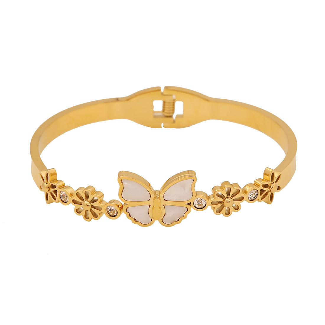 Braccialetto alla moda in stile OL con farfalla, motivi a cuore e floreali, bracciale in acciaio inossidabile galvanizzato