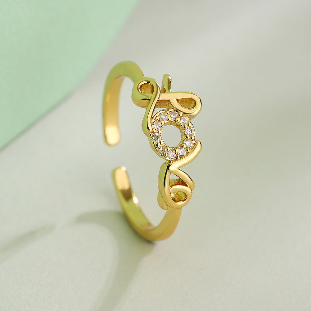 Minimalist Love-Shaped Geometric Open Ring for Women with Gold Plating and Micro-Paved Zirconia on Copper Base