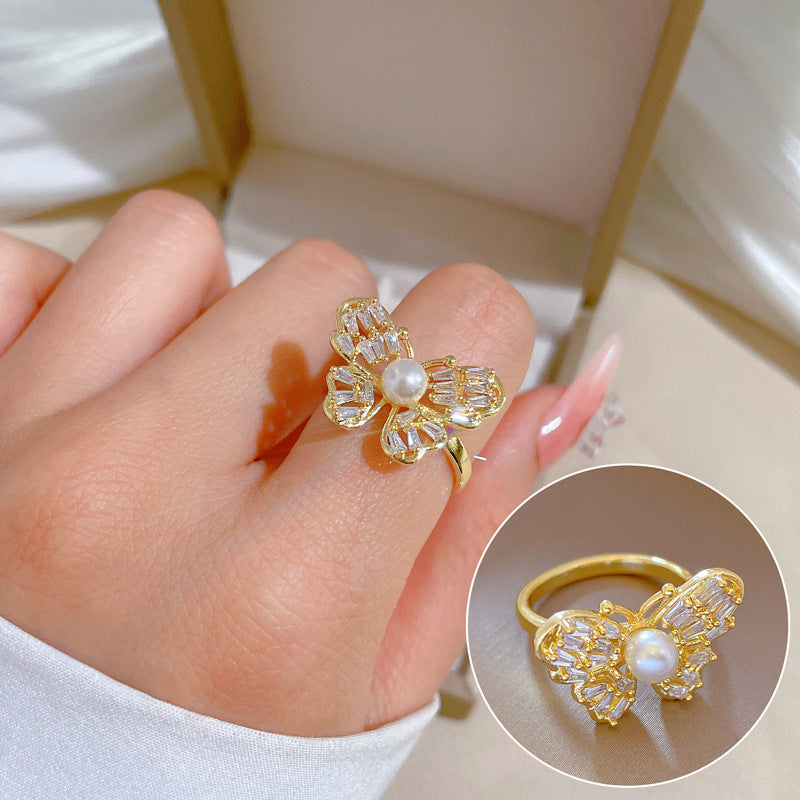 Luxury Minimalist Plated Brass Crown Rhinestone Adjustable Ring for Women