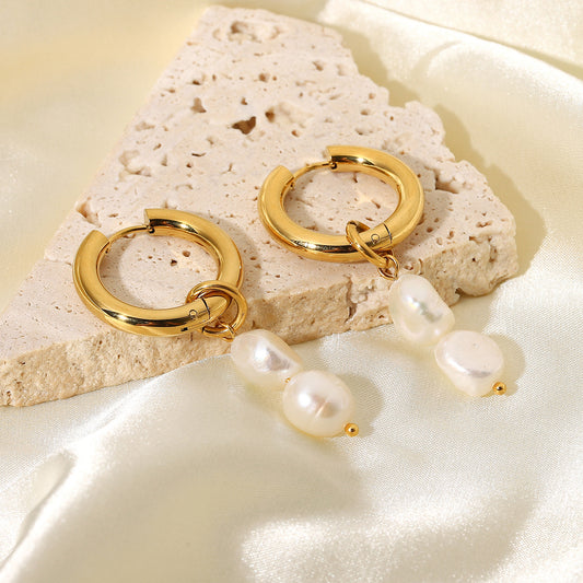 Orecchini Minimalisti a Doppio Strato in Acciaio Inox con Placcatura in Oro 18K e Ciondoli di Perle d'Acqua Dolce