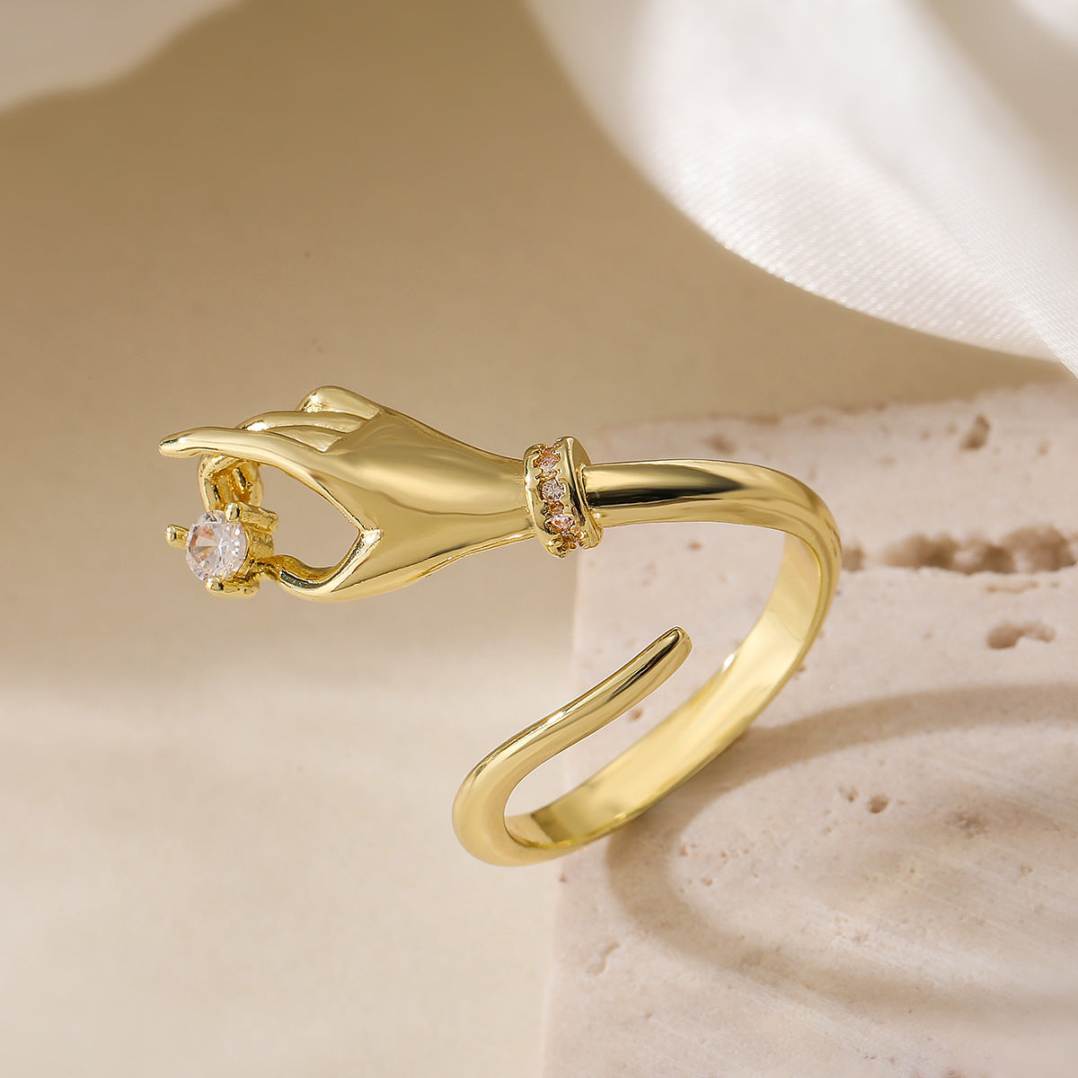Elegant Geometric Brass Ring with 18K Gold Plating and Cubic Zirconia Inlay for Women