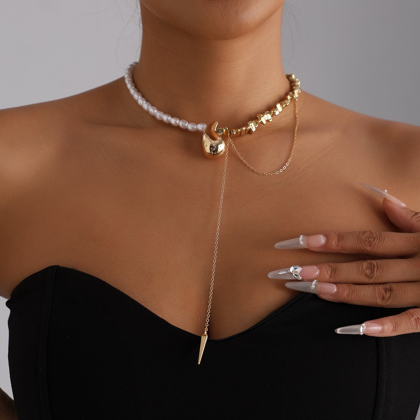 Geometric Teardrop Alloy Plated Necklace with Resin Beads and Tassel for Women