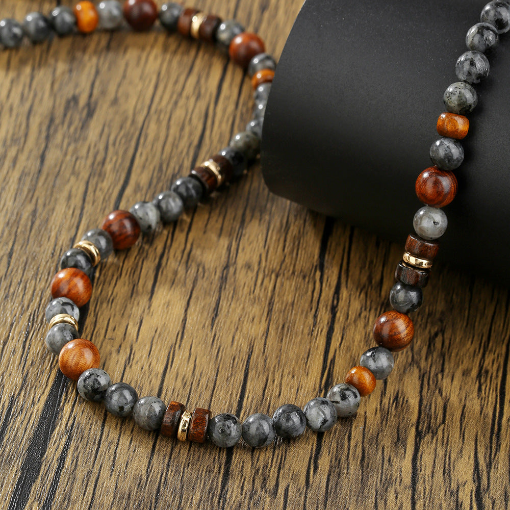 Casual Geometric Wood Beaded Tiger Eye Stone Necklace with Alloy Pendant for Men