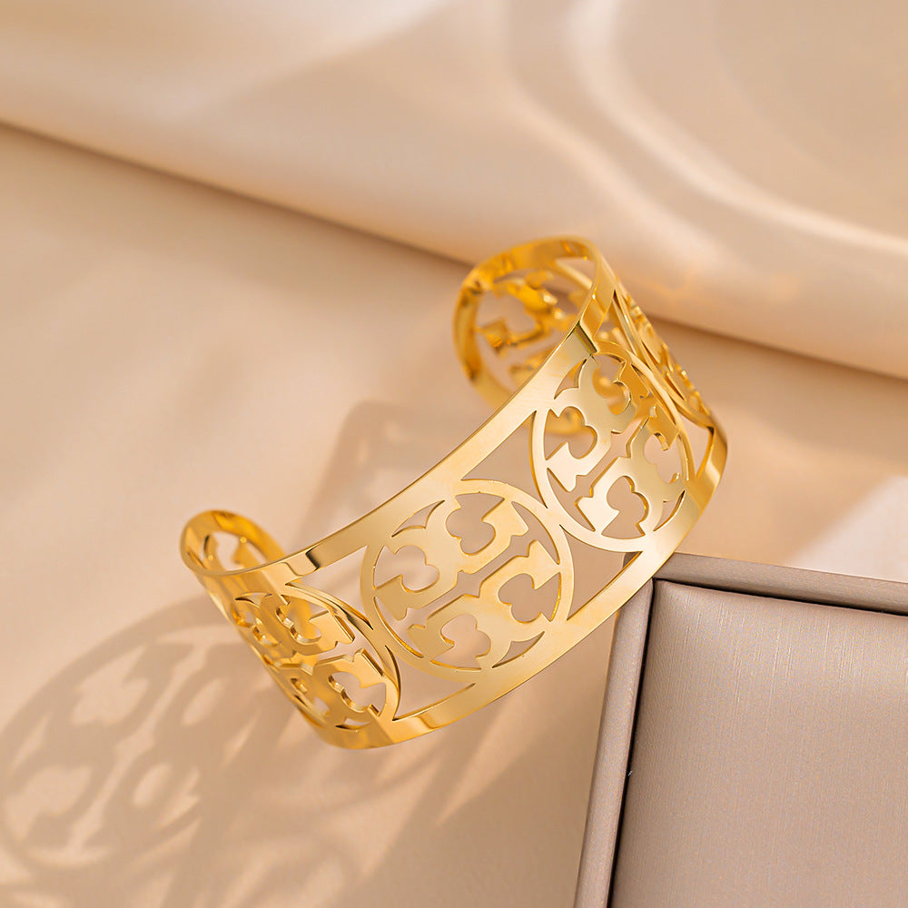 Fashionable Hollow-Out Opening Titanium Steel Bracelet with 18K Gold Plating, Polished Finish, Geometric Design for Women
