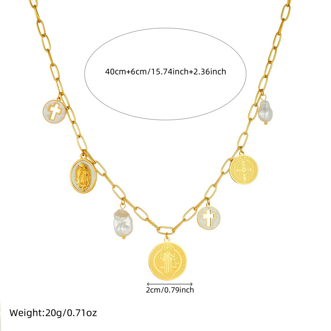 Vintage Gold Plated Stainless Steel Round Cross Pendant with Pearl Curb Chain Jewelry Set for Women