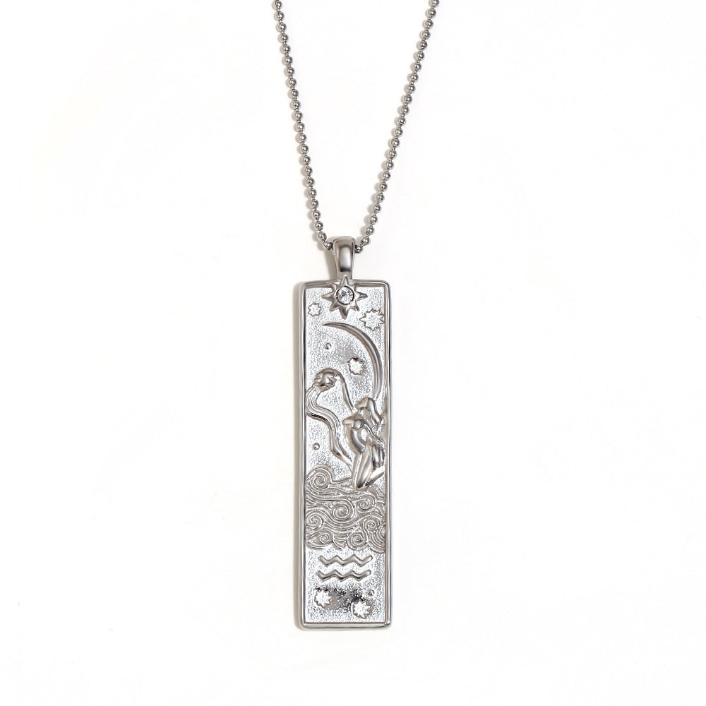 Vintage Geometric Zodiac Pendant Necklace for Women Stainless Steel with 18K Gold Plating Square Charm
