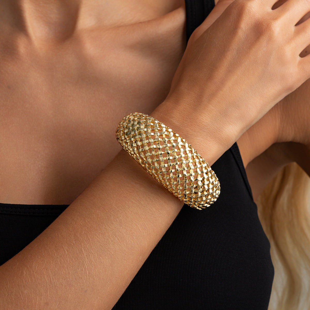 Vintage Geometric Hollow Weave Open Cuff Bracelet Zinc Alloy Plated Wide Bangle
