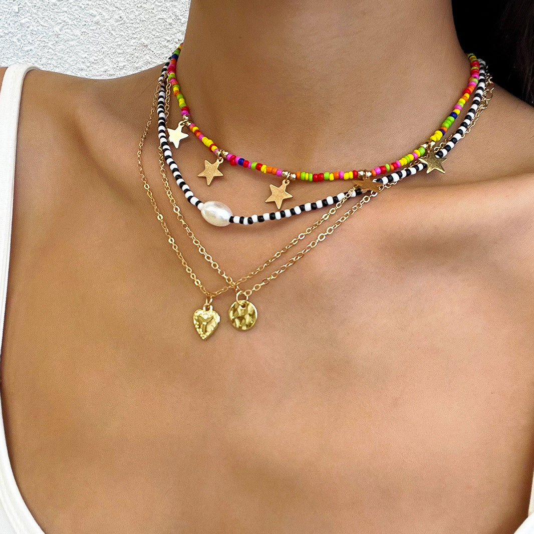 Bohemian Minimalist Hip-hop Heart Star Beaded Plated Necklace for Women