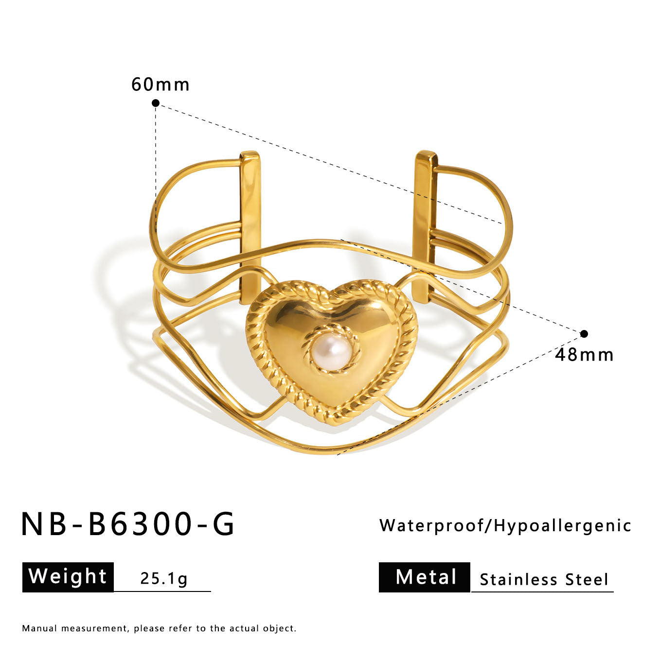 Bracciale a Polsino Floreale Minimalista a Cuore Vuoto in Acciaio Inossidabile con Placcatura in Oro 18K da Donna