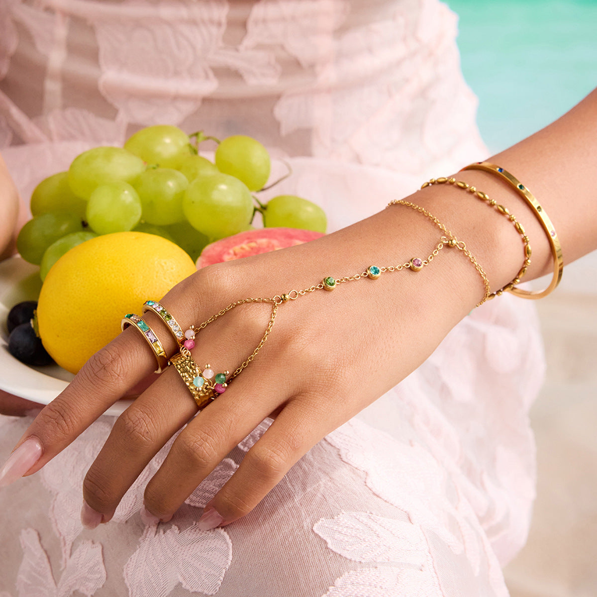 Elegant Minimalist Stainless Steel and Titanium Steel Bracelet and Ring Set with Cubic Zirconia Star and Moon Charms for Women