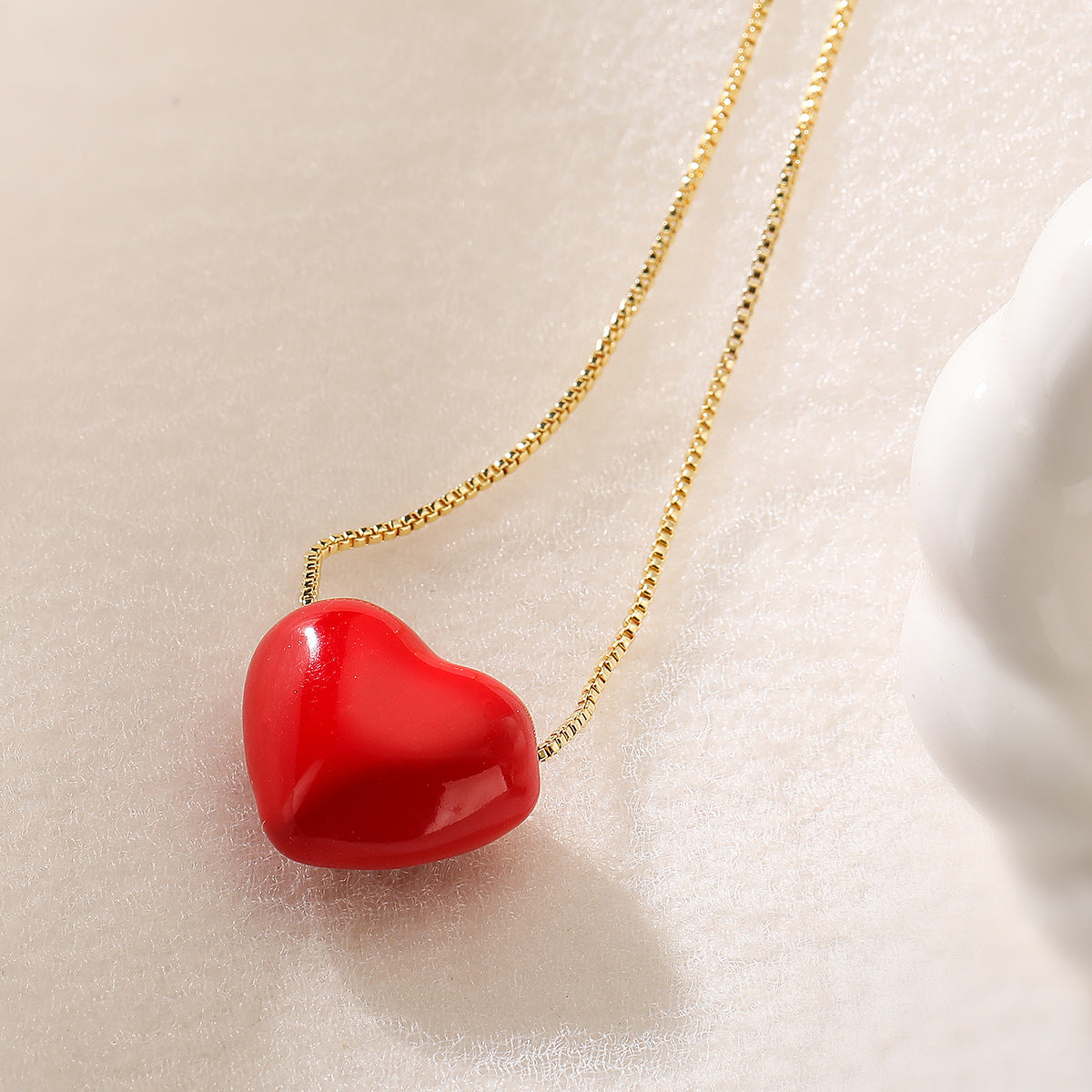 Minimalist Red Enamel Heart Pendant Necklace for Women with Copper Chain