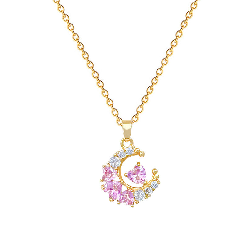 Sweet Moon Heart Diamond Cubic Zirconia Plated Titanium Steel Necklace and Earring Set with Cable Chain