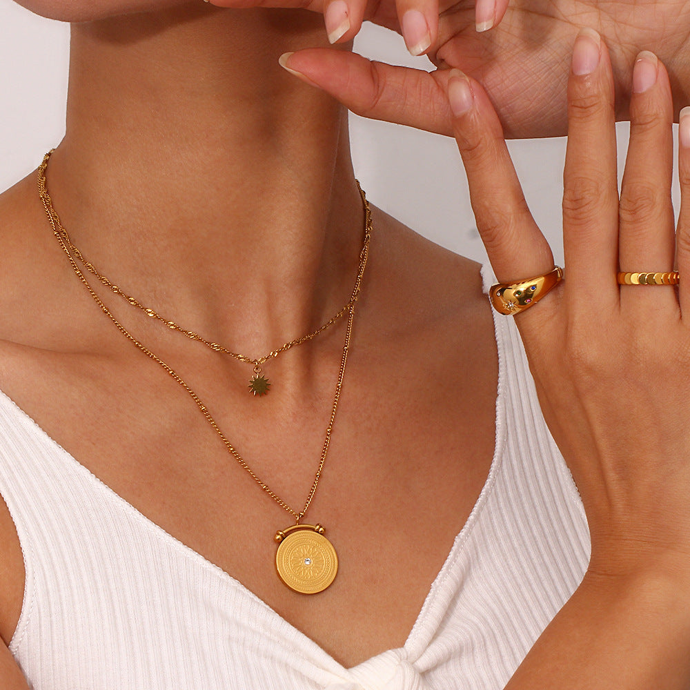 Minimalist Luxury Compass Pendant Necklace for Women with Stainless Steel Chain and 18K Gold Plating Double-Layer Geometric Design
