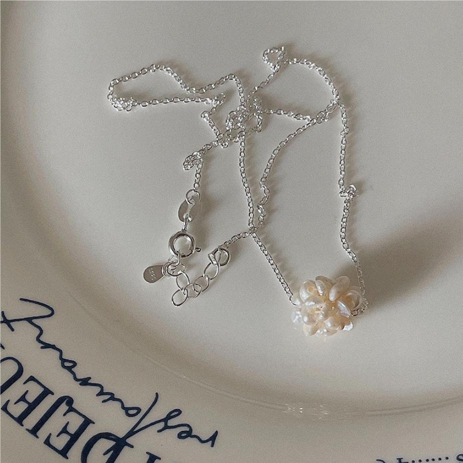 Minimalist Geometric Pearl Necklace in 925 Sterling Silver with Beaded Chain