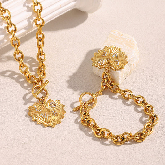Vintage Fashion Heart Pendant Necklace and Bracelet Set in Stainless Steel with 18K Gold Plating on O-Chain