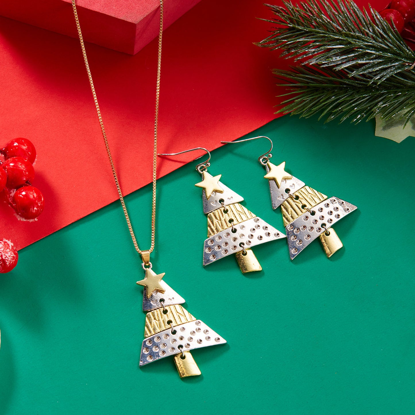 Conjunto de pendientes largos de aleación con forma de árbol de Navidad, geométricos y a la moda, con baño, para mujer