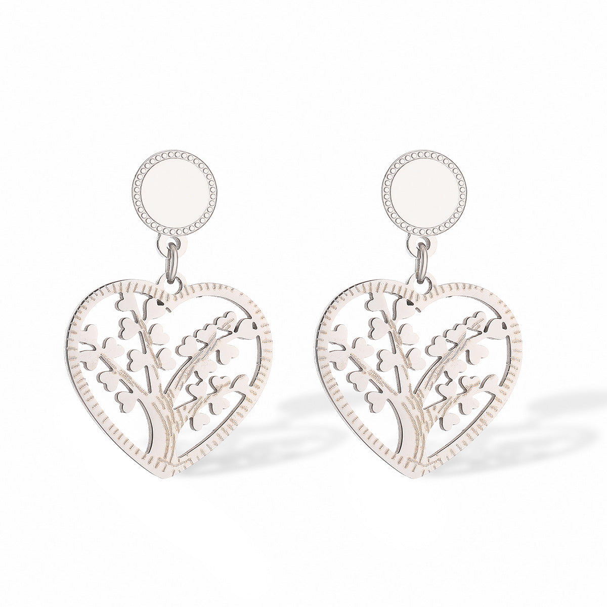 Orecchini da donna in acciaio al titanio a forma di cuore con Albero della Vita intagliato minimalista