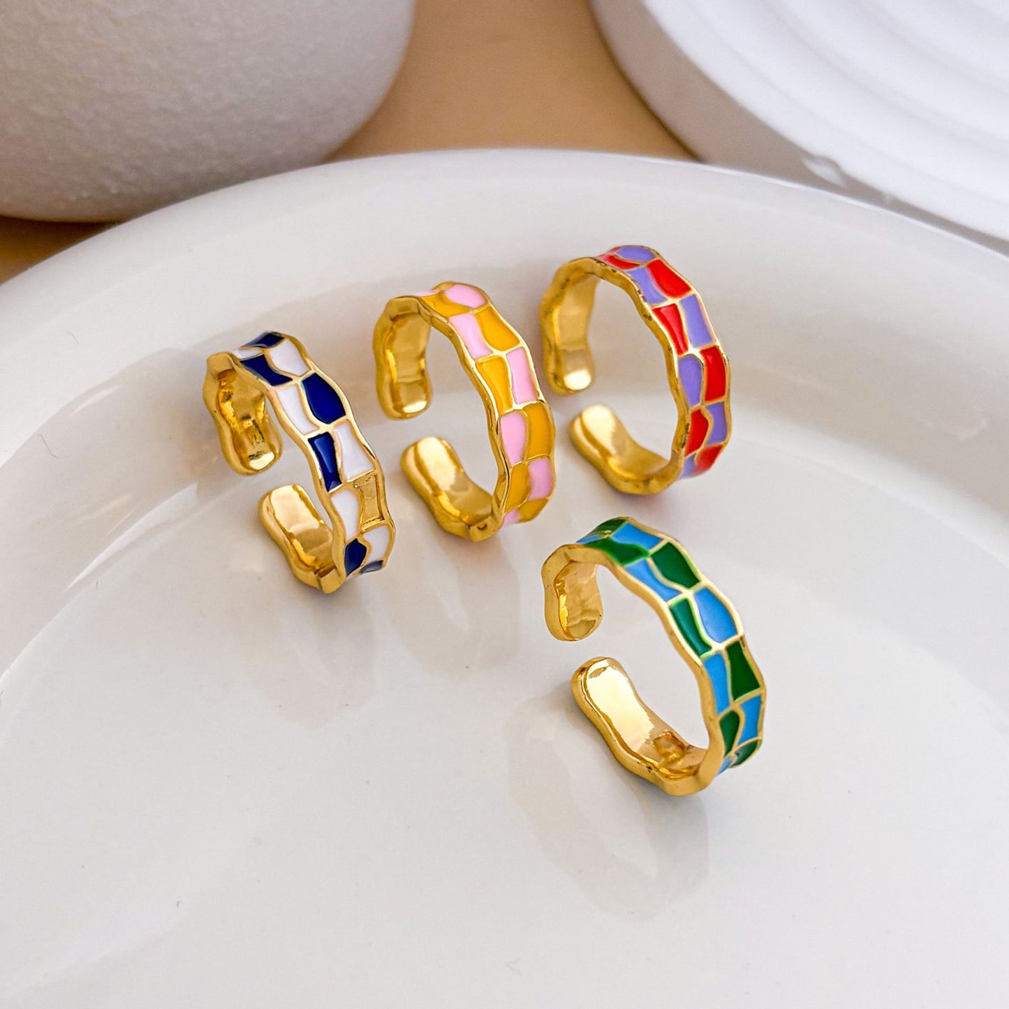Sweet Checkered Enamel Gold Plated Brass Geometric Open Ring for Women