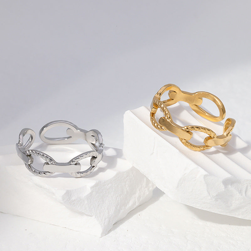 Anillo abierto ajustable minimalista de acero de titanio geométrico para mujer con acabado chapado