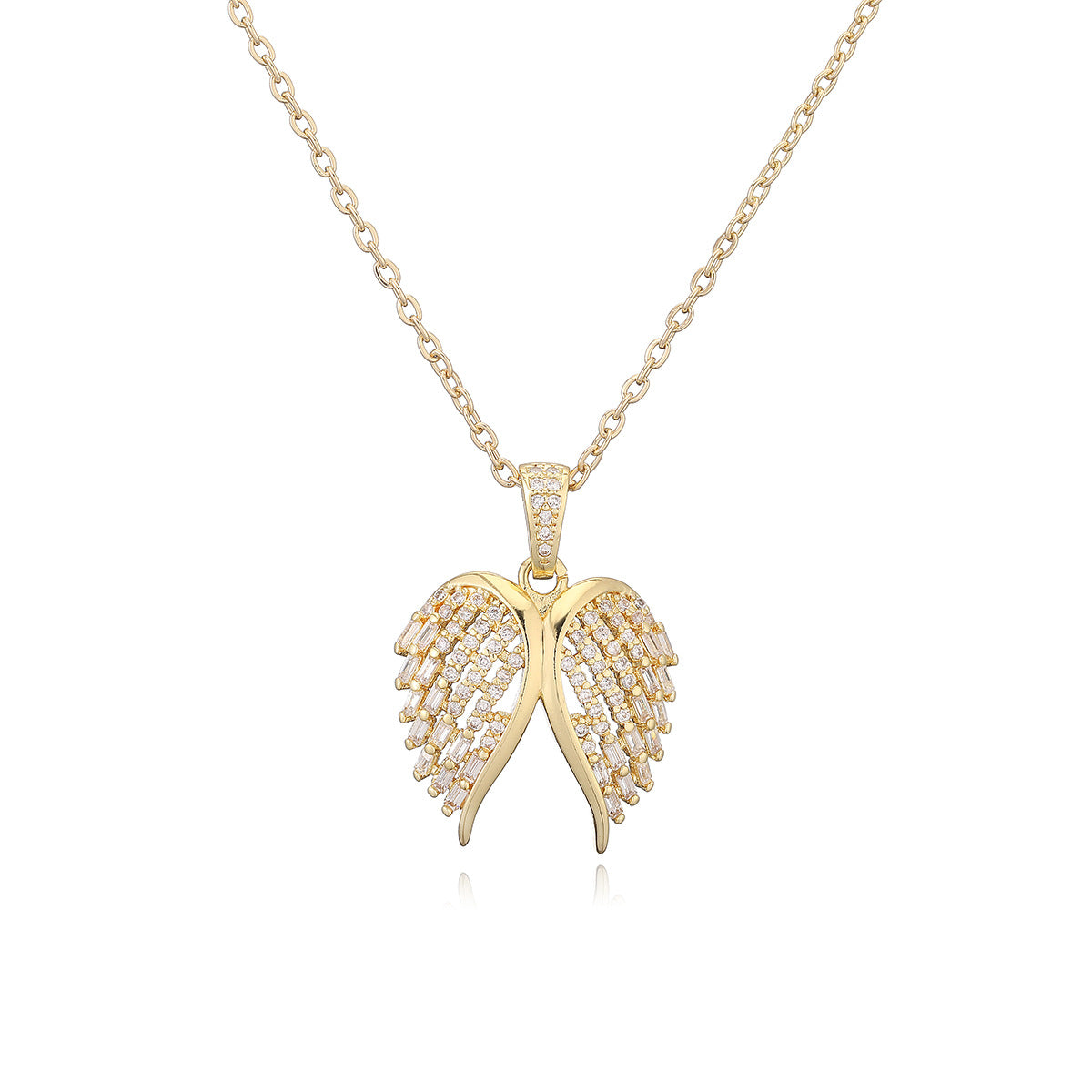 Minimalist Angel Wing Pendant Necklace for Women in Copper with 18K Gold Plating and Zircon Inlay, Irregular Geometric Locket Chain