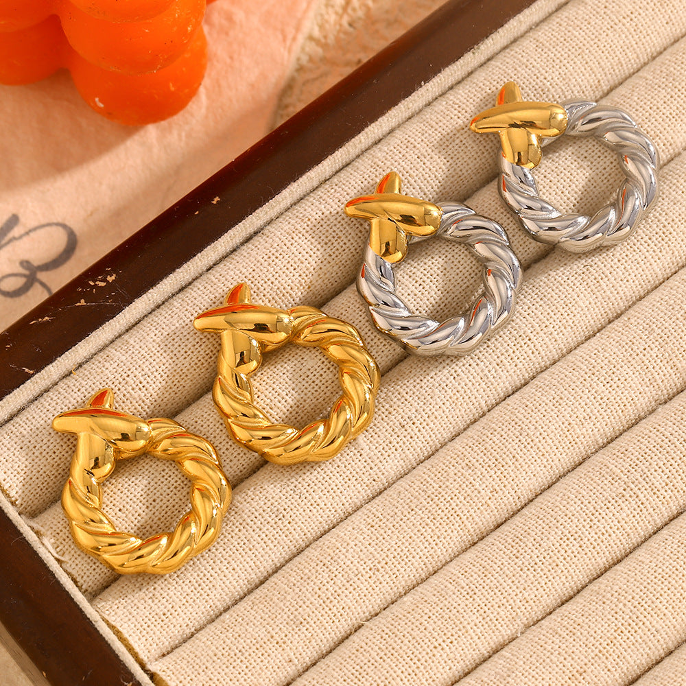 Fashionable Minimalist Geometric Stainless Steel Ear Studs with 18K Gold Plating and Twisted Circular X-Shaped Design