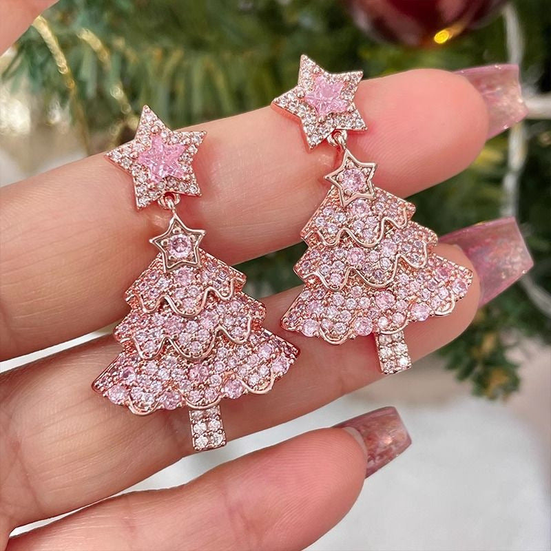 Pendientes de tuerca con forma de árbol de Navidad y diamantes de imitación rosas para mujer, con base de aleación de zinc y acabado galvanizado.