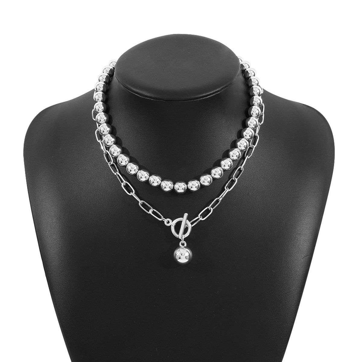 Conjunto de collar de aleación de cuentas redondas en capas de estilo geométrico con acabado chapado para uso unisex