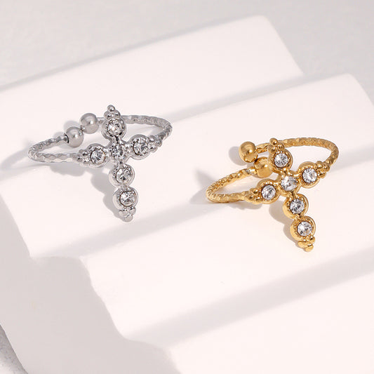 Anillo Minimalista Cruz Vintage de Acero Inoxidable Bañado en Oro de 18K, Abierto Ajustable, Joyería Geométrica para Mujer