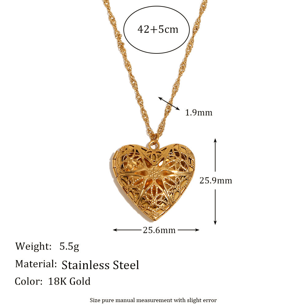 Geometric Vintage Pendant Necklace for Women Stainless Steel with 18K Gold Plating Heart-Shaped Photo Locket