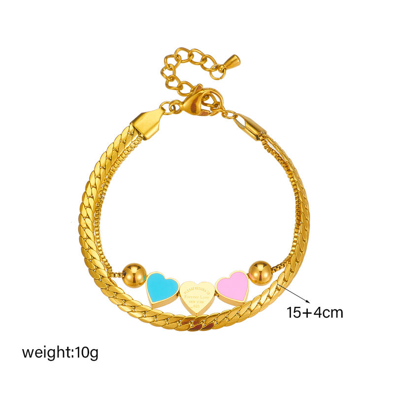 Fashionable Minimalist Heart-Shaped Titanium Steel Bracelet with Dual-Layer Chain Design and Enamel Coloring