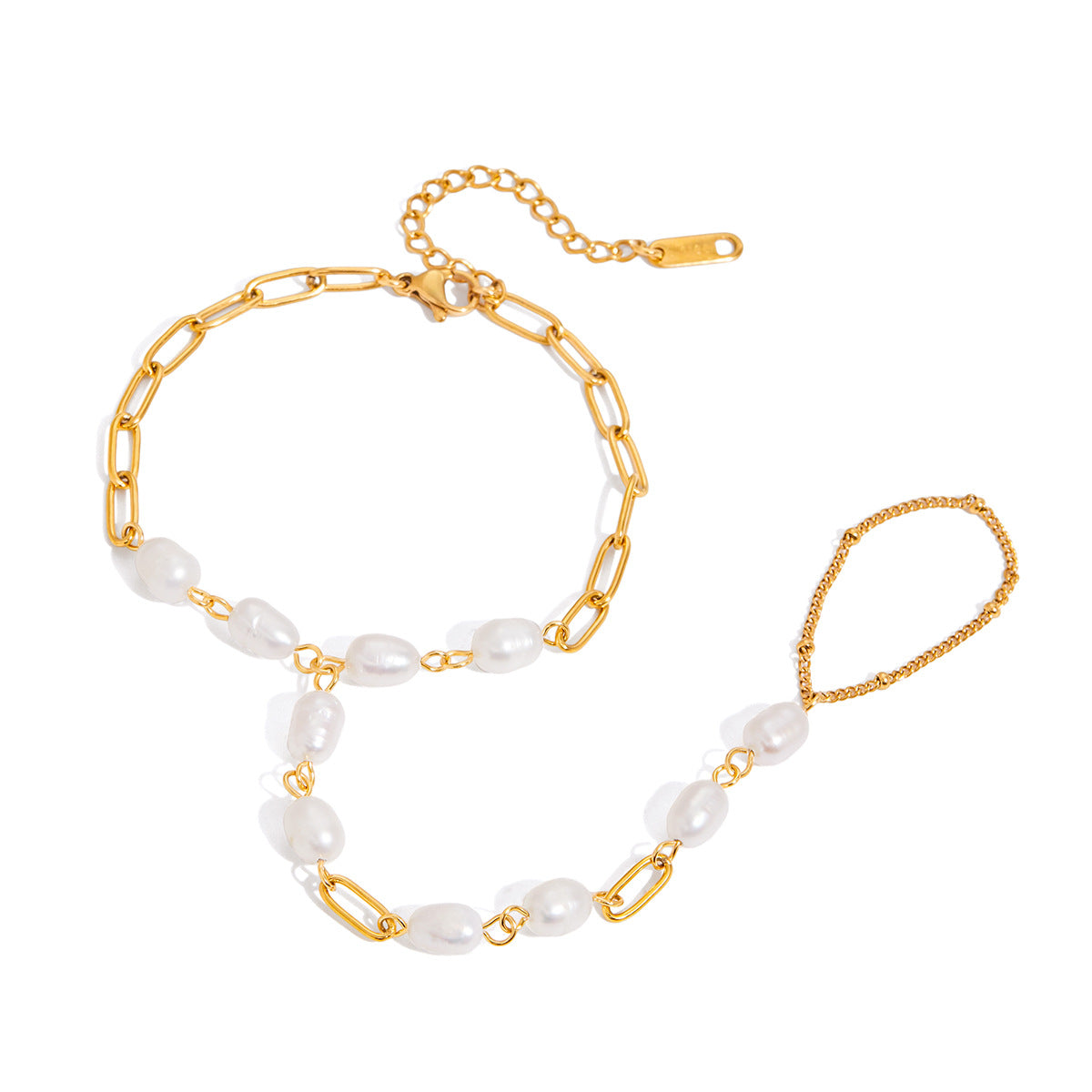 Bracciale ad anello da donna in acciaio inossidabile placcato con design geometrico minimalista e perla d'acqua dolce