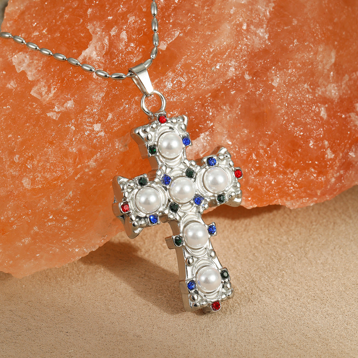 Collar con colgante de cruz de moda en acero inoxidable con baño de oro de 18 quilates y incrustaciones de pedrería colorida, diseño geométrico para mujer