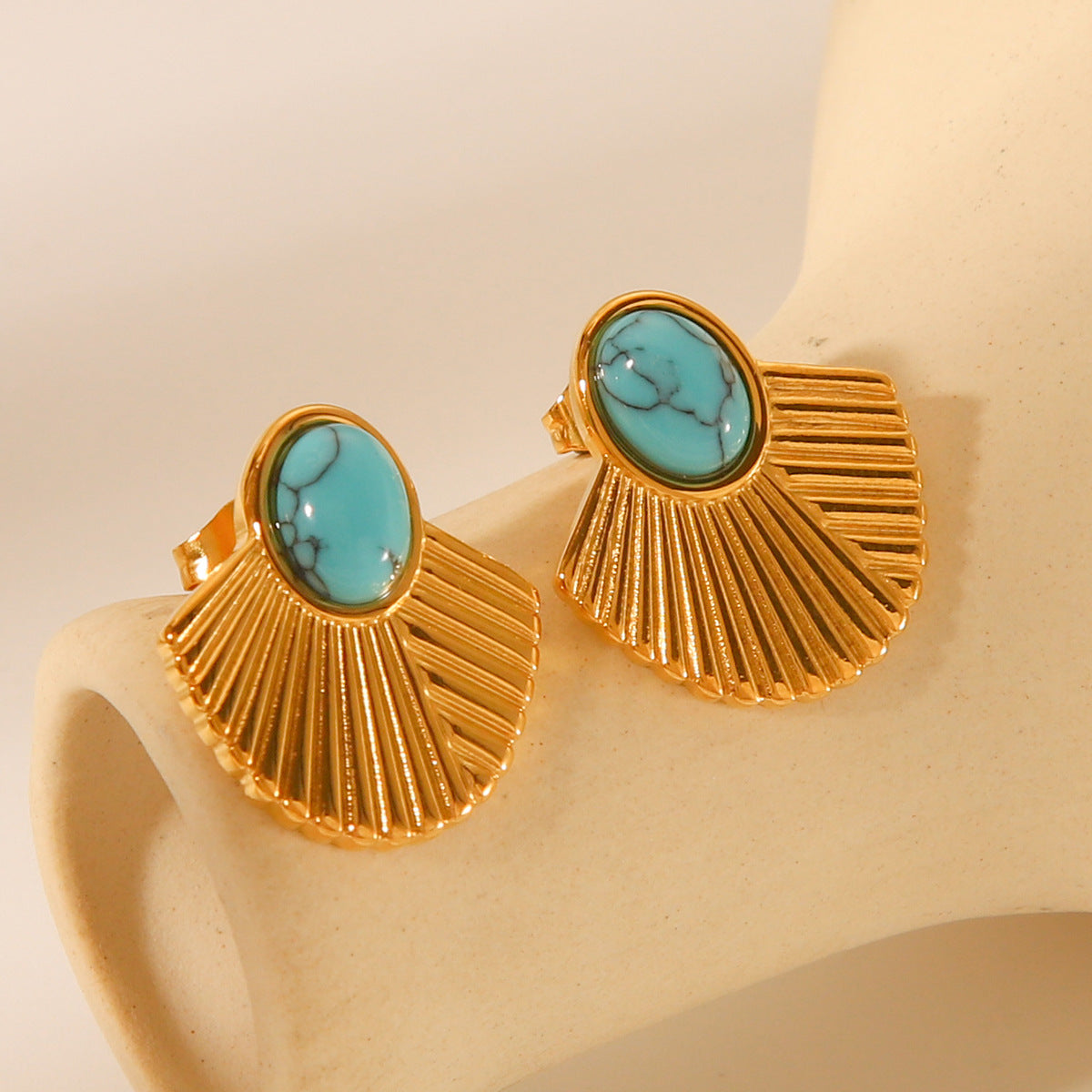 Vintage French Style 18K Gold Plated Titanium Steel Fan Shaped Geometric Earrings with Turquoise Inlay for Women