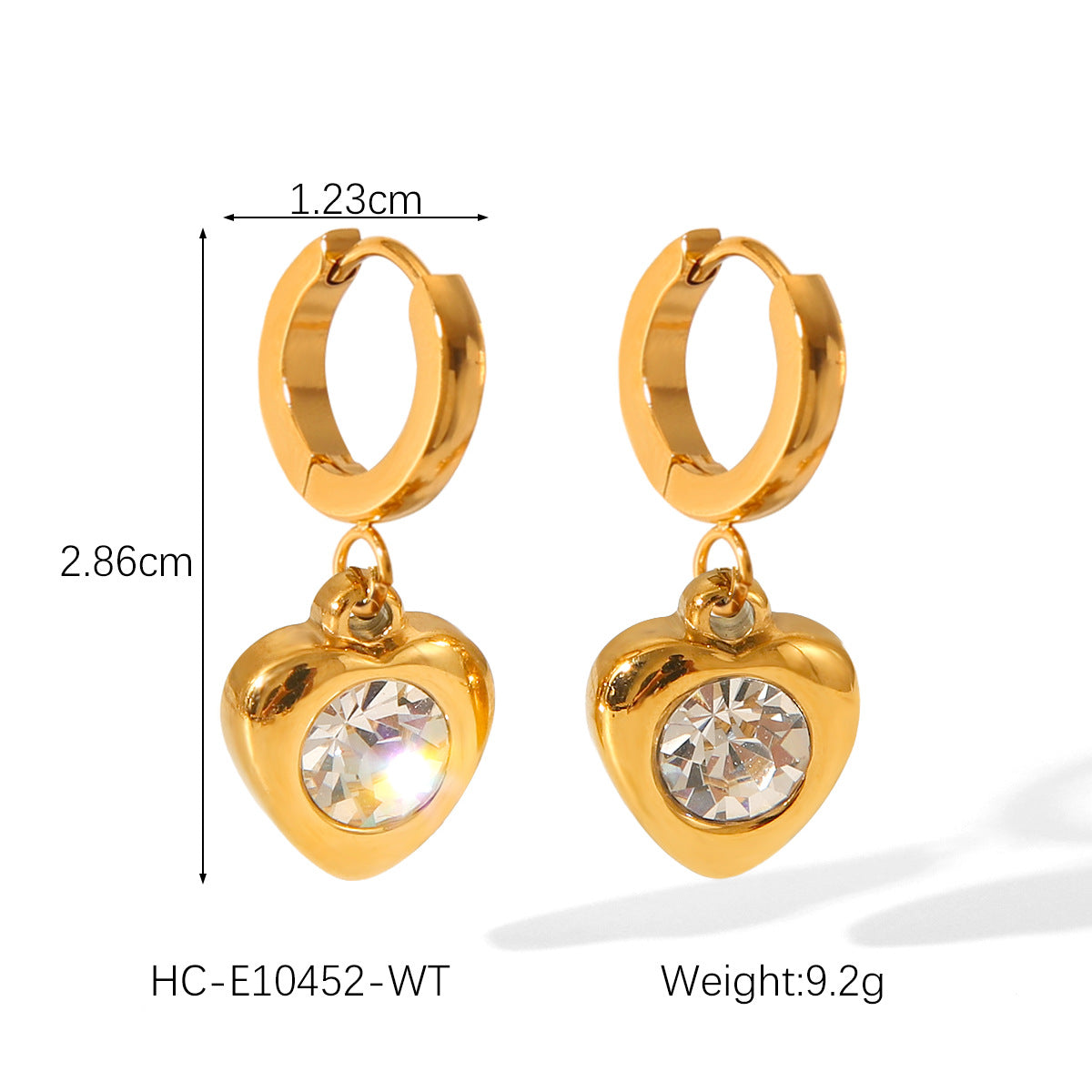 Luxury Minimalist Heart Shaped 18K Gold Plated Stainless Steel Earrings with Cubic Zirconia for Women