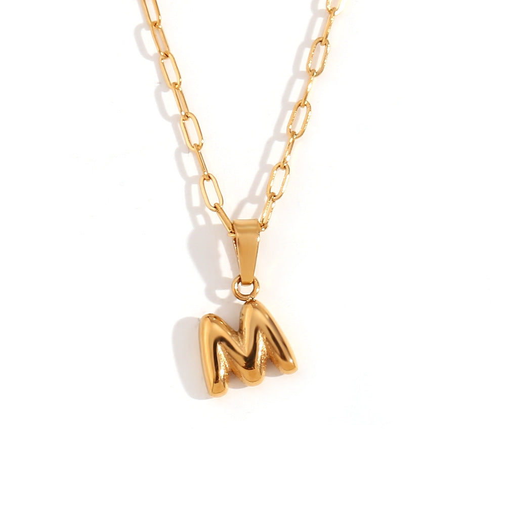 Minimalist Fashion Letter Pendant Necklace in Stainless Steel with 18K Gold Plating, Bubble-Inspired Mini Safety Pin Design for Women