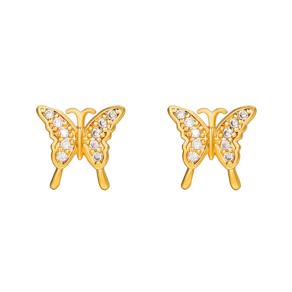 Gold Plated Brass Cubic Zirconia Butterfly Hand Bird Heart Stud Earrings